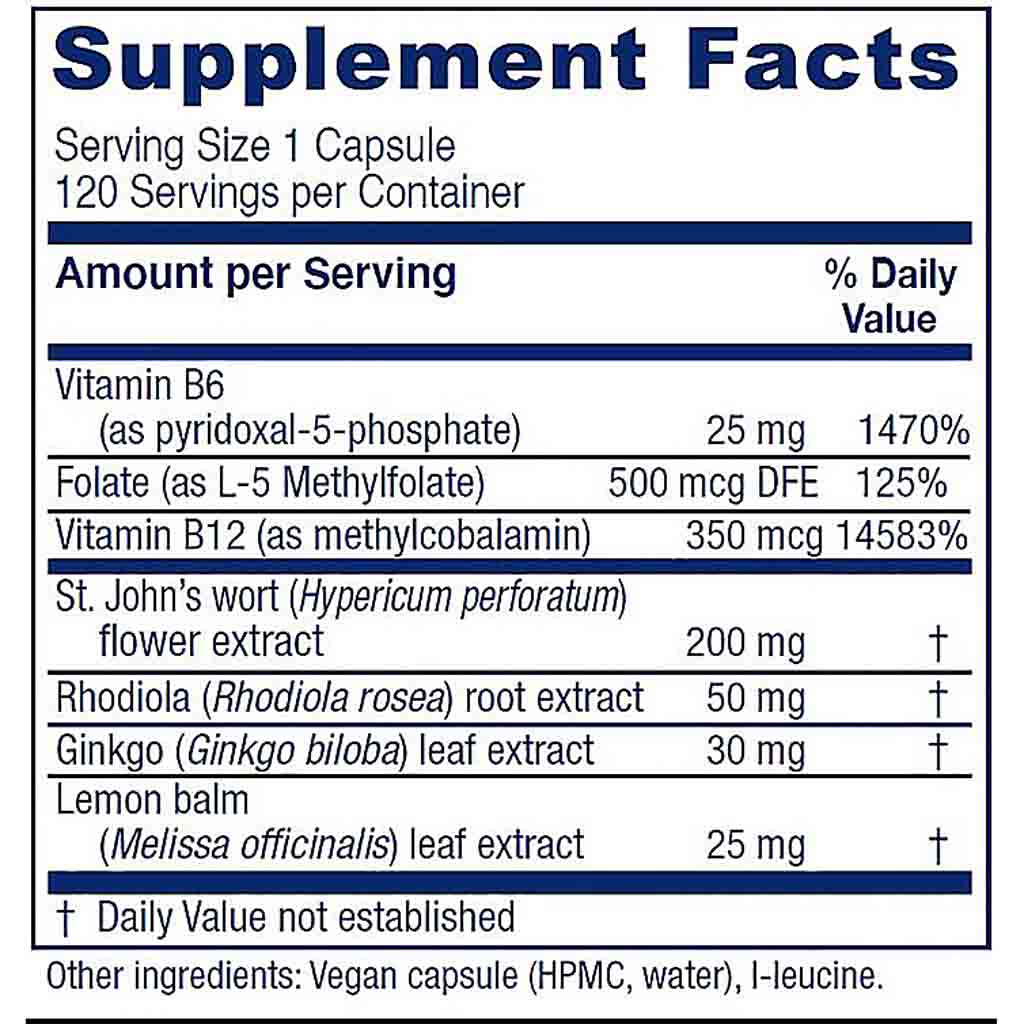 A close-up of a supplement facts label showing serving size 1 capsule, 120 servings per container, with listed nutrients and extracts including Vitamin B6, Folate, Vitamin B12, St. John's wort, Rhodiola, Ginkgo, and Lemon balm.