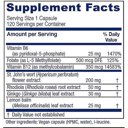 A close-up of a supplement facts label showing serving size 1 capsule, 120 servings per container, with listed nutrients and extracts including Vitamin B6, Folate, Vitamin B12, St. John's wort, Rhodiola, Ginkgo, and Lemon balm.