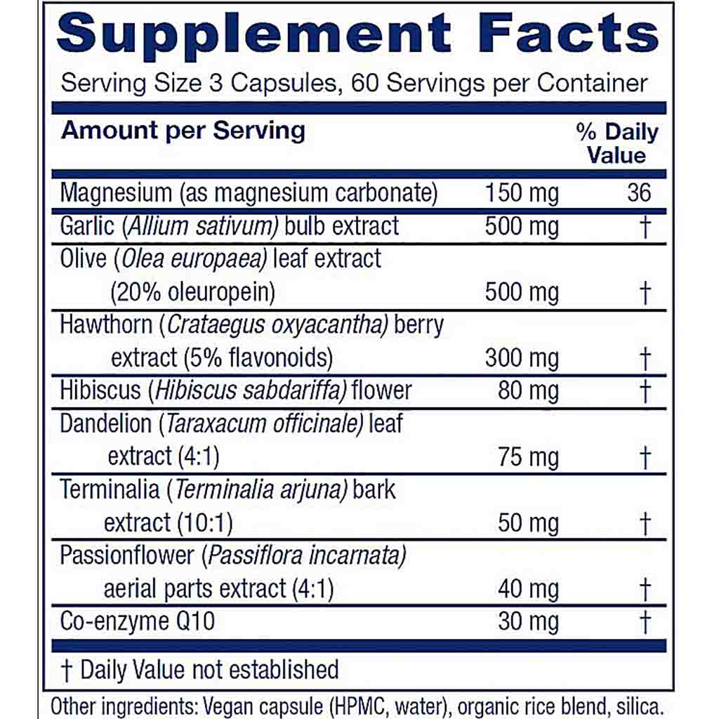 A supplement facts label showing a nutrition panel with bold blue header text and a white table listing ingredients and daily value percentages for magnesium, garlic, olive extract, hawthorn, hibiscus, dandelion, terminalia, passionflower, and coenzyme Q10.