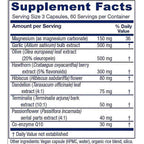 A supplement facts label showing a nutrition panel with bold blue header text and a white table listing ingredients and daily value percentages for magnesium, garlic, olive extract, hawthorn, hibiscus, dandelion, terminalia, passionflower, and coenzyme Q10.