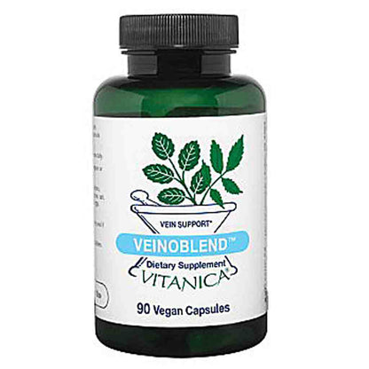 A dark green bottle of Veinoblend dietary supplement by Vitanica, featuring a white label with green leaf graphics and a black cap, set against a plain white background.