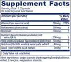 A supplement facts label showing a supplement capsule with listed ingredients including Vitamin C, Bioflavonoids, Bromelain, Butcher's broom root extract, Horse chestnut seed extract, Gotu kola aerial parts extract, and Grape seed extract.