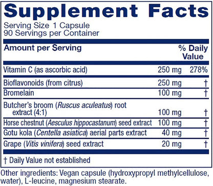A supplement facts label showing a supplement capsule with listed ingredients including Vitamin C, Bioflavonoids, Bromelain, Butcher's broom root extract, Horse chestnut seed extract, Gotu kola aerial parts extract, and Grape seed extract.