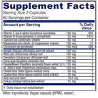 A close-up of a supplement facts label showing a supplement with multiple herbal ingredients. The label details the serving size of 2 capsules, 60 servings per container, and lists ingredients such as Vitamin E, Vitamin B6, Calcium, Magnesium, Borage, Wild yam, Dandelion, Dong quai, Passionflower, St.