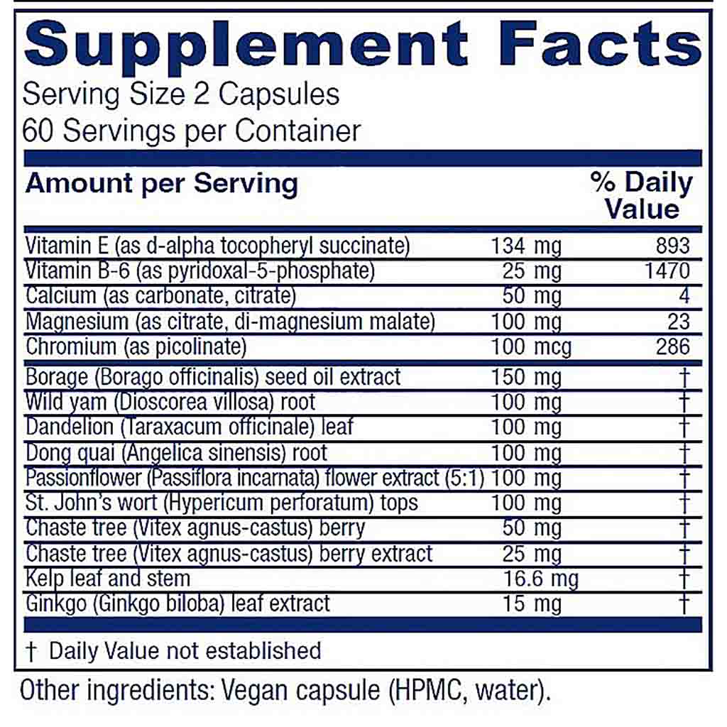 A close-up of a supplement facts label showing a supplement with multiple herbal ingredients. The label details the serving size of 2 capsules, 60 servings per container, and lists ingredients such as Vitamin E, Vitamin B6, Calcium, Magnesium, Borage, Wild yam, Dandelion, Dong quai, Passionflower, St.