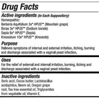 Drug facts label for a homeopathic suppository, listing active ingredients including Berberis Aquifolium, Borax, Sepia, and Kreosote, with purpose and uses for relieving symptoms of vaginal yeast infection.