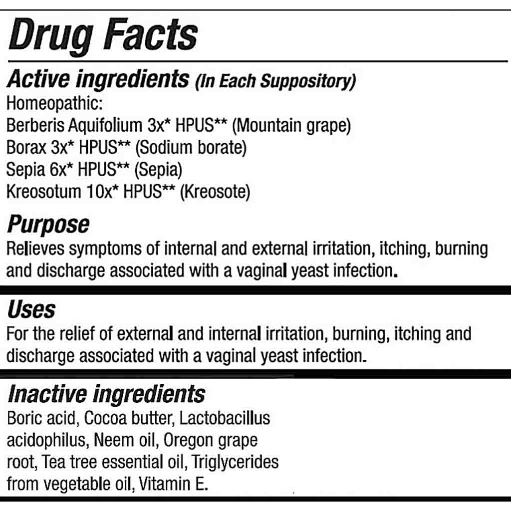 Drug facts label for a homeopathic suppository, listing active ingredients including Berberis Aquifolium, Borax, Sepia, and Kreosote, with purpose and uses for relieving symptoms of vaginal yeast infection.