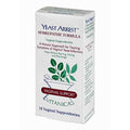 A white box of Yeast Arrest Homeopathic Formula Vaginal Support Vitanica, 14 vaginal suppositories, featuring green leaf illustrations and blue text on a white background.