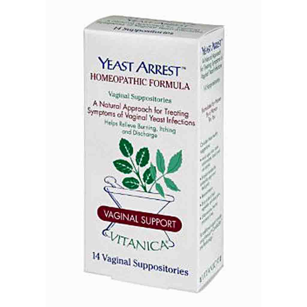 A white box of Yeast Arrest Homeopathic Formula Vaginal Support Vitanica, 14 vaginal suppositories, featuring green leaf illustrations and blue text on a white background.