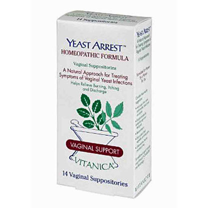 A white box of Yeast Arrest Homeopathic Formula Vaginal Support Vitanica, 14 vaginal suppositories, featuring green leaf illustrations and blue text on a white background.