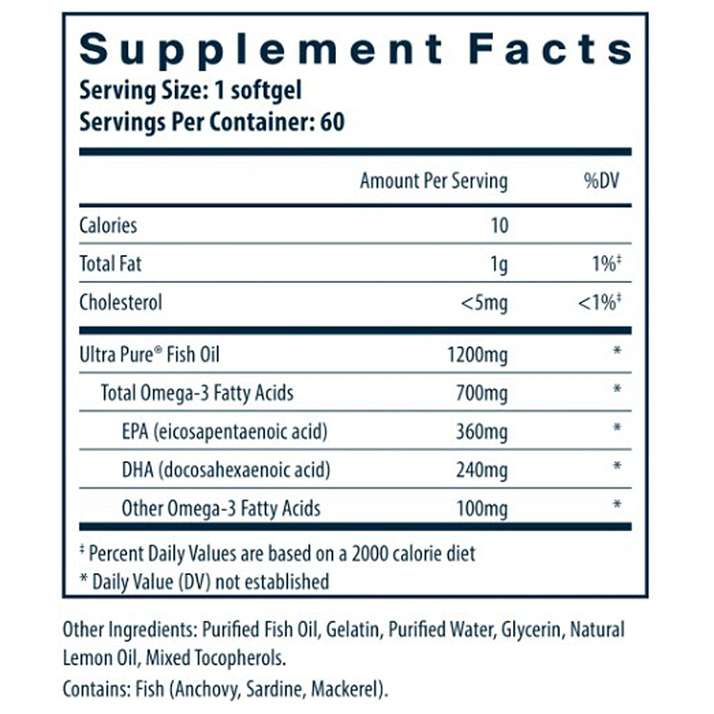 Supplement facts label for Ultra Pure Fish Oil with detailed nutritional information.