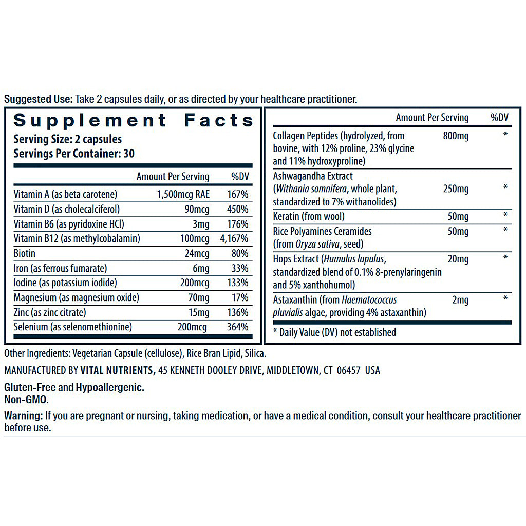 Supplement label with detailed nutritional information on a white background