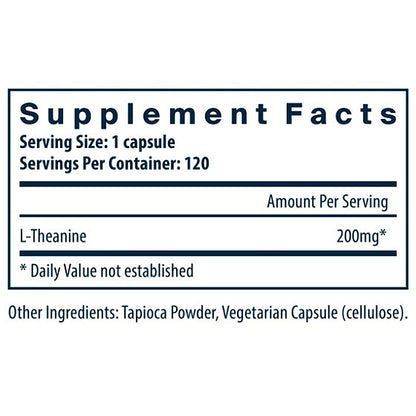 Supplement facts label with L-Theanine content on a white background