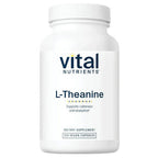 Supplement bottle labeled 'Vital Nutrients L-Theanine' on a white background