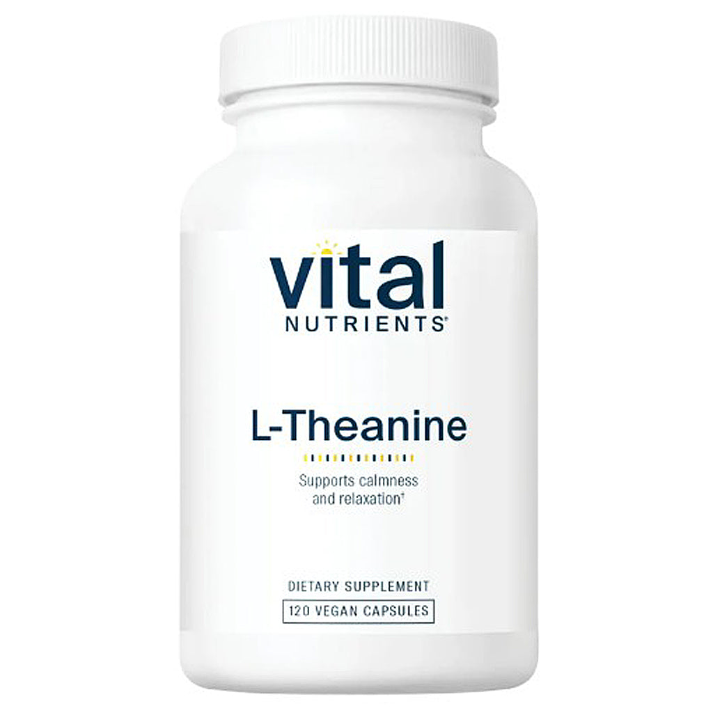 Supplement bottle labeled 'Vital Nutrients L-Theanine' on a white background