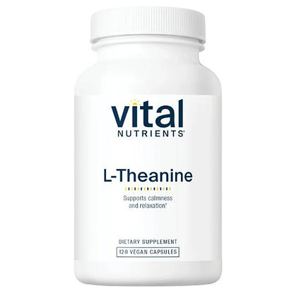 Supplement bottle labeled 'Vital Nutrients L-Theanine' on a white background