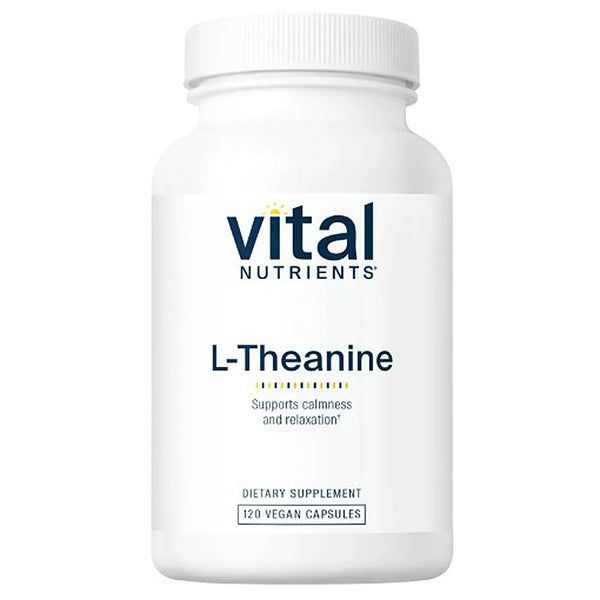Supplement bottle labeled 'Vital Nutrients L-Theanine' on a white background