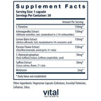 Supplement facts label for a product by Vital Nutrients with various extracts and their amounts per serving.