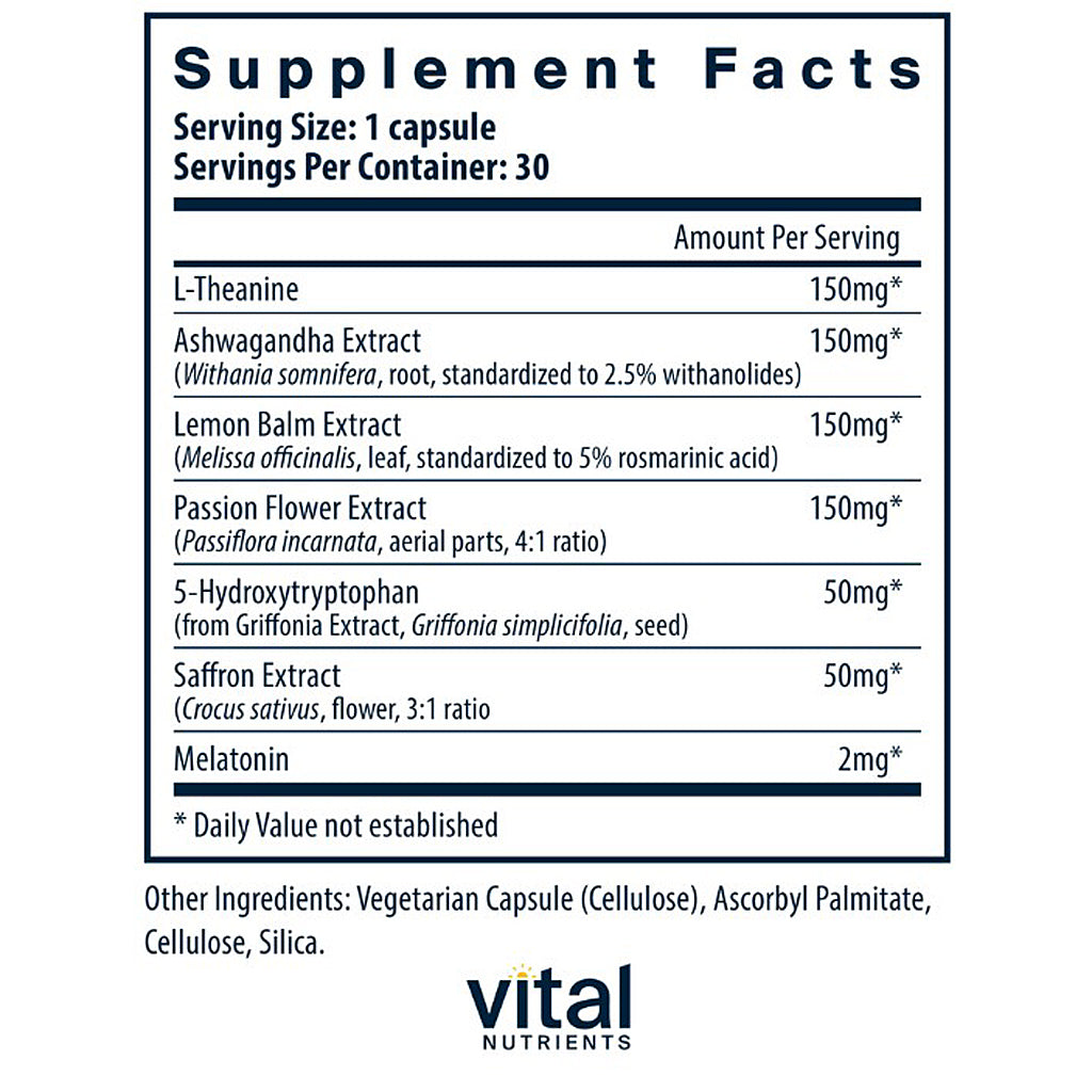 Supplement facts label for a product by Vital Nutrients with various extracts and their amounts per serving.