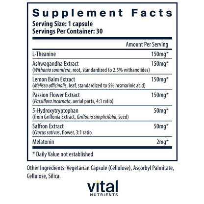 Supplement facts label for a product by Vital Nutrients with various extracts and their amounts per serving.