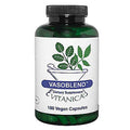 A bottle of Vitanica Vasoblend dietary supplement with a white label, green bottle, and black cap, containing 180 vegan capsules.
