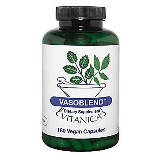 A bottle of Vitanica Vasoblend dietary supplement with a white label, green bottle, and black cap, containing 180 vegan capsules.