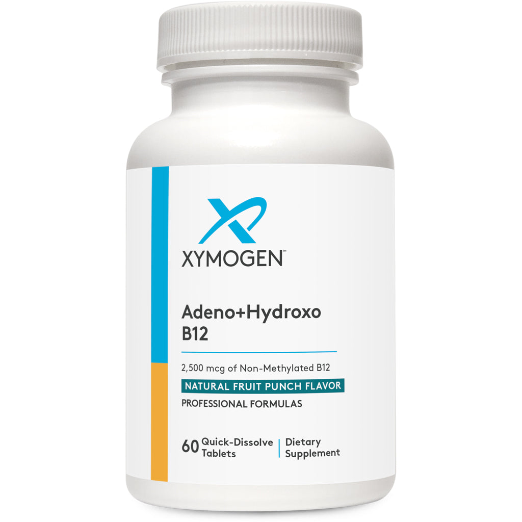 Xymogen Adeno+Hydroxo B12 dietary supplement bottle on a white background