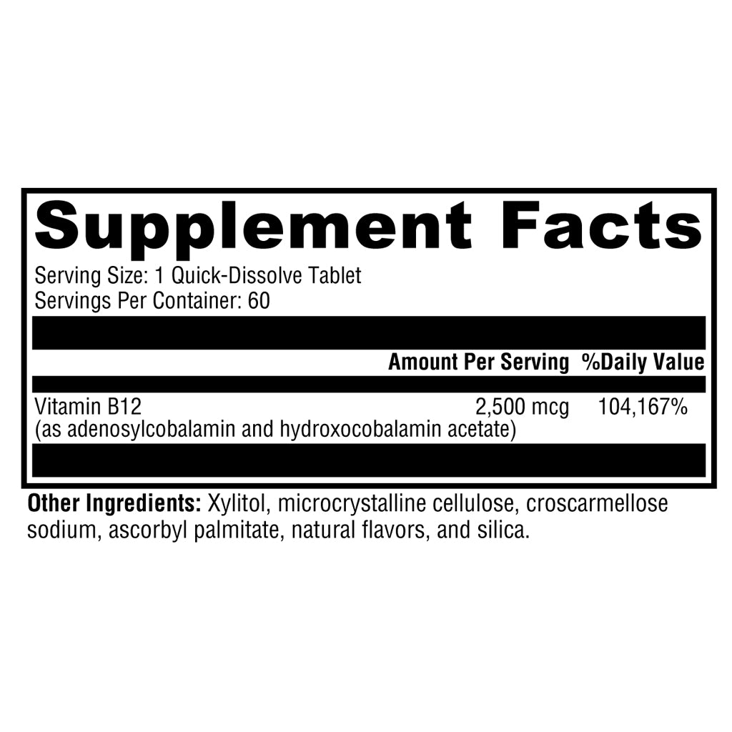 Supplement facts label for a vitamin B12 supplement on a white background