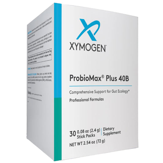 Xymogen ProBioMax Plus 40B for gut health and balance, bowel regularity, intestinal flora, front label 