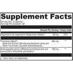 Supplement facts label with various ingredients and their amounts on a white background