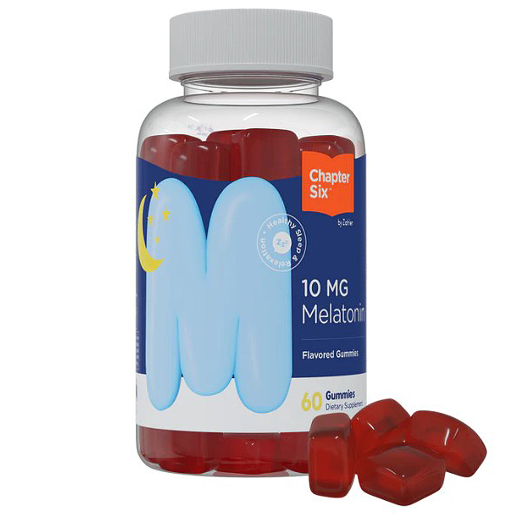 Bottle of Chapter Six 10 MG Melatonin gummies on a white background