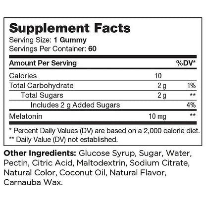 Supplement facts label for gummy vitamins with serving size, calories, carbohydrates, sugars, and melatonin content.