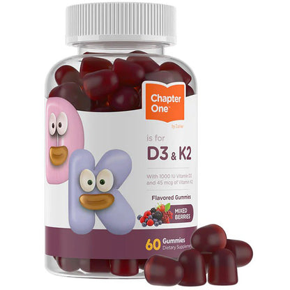 Bottle of Chapter One D3 & K2 gummy vitamins with cartoon characters on a white background
