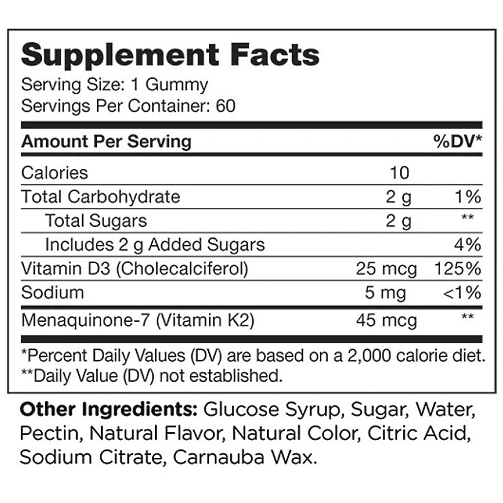 Supplement facts label for gummy vitamins with nutritional information.
