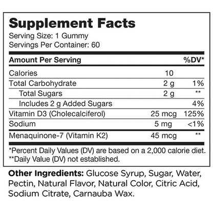 Supplement facts label for gummy vitamins with nutritional information.