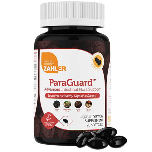 Bottle of Zahler ParaGuard supplement with black capsules on a white background