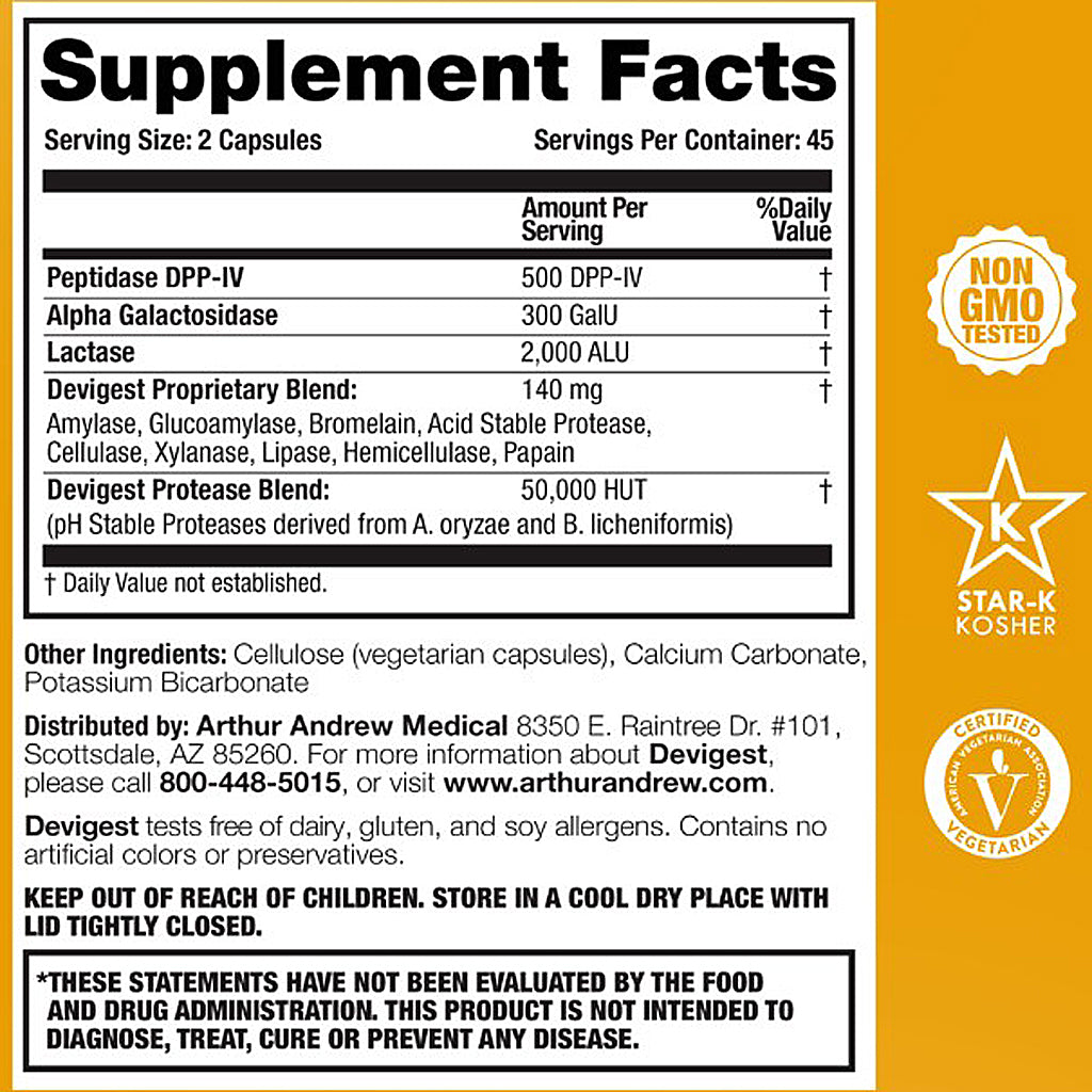 Supplement facts label with Star-K Kosher and Non-GMO tested logos on a yellow background