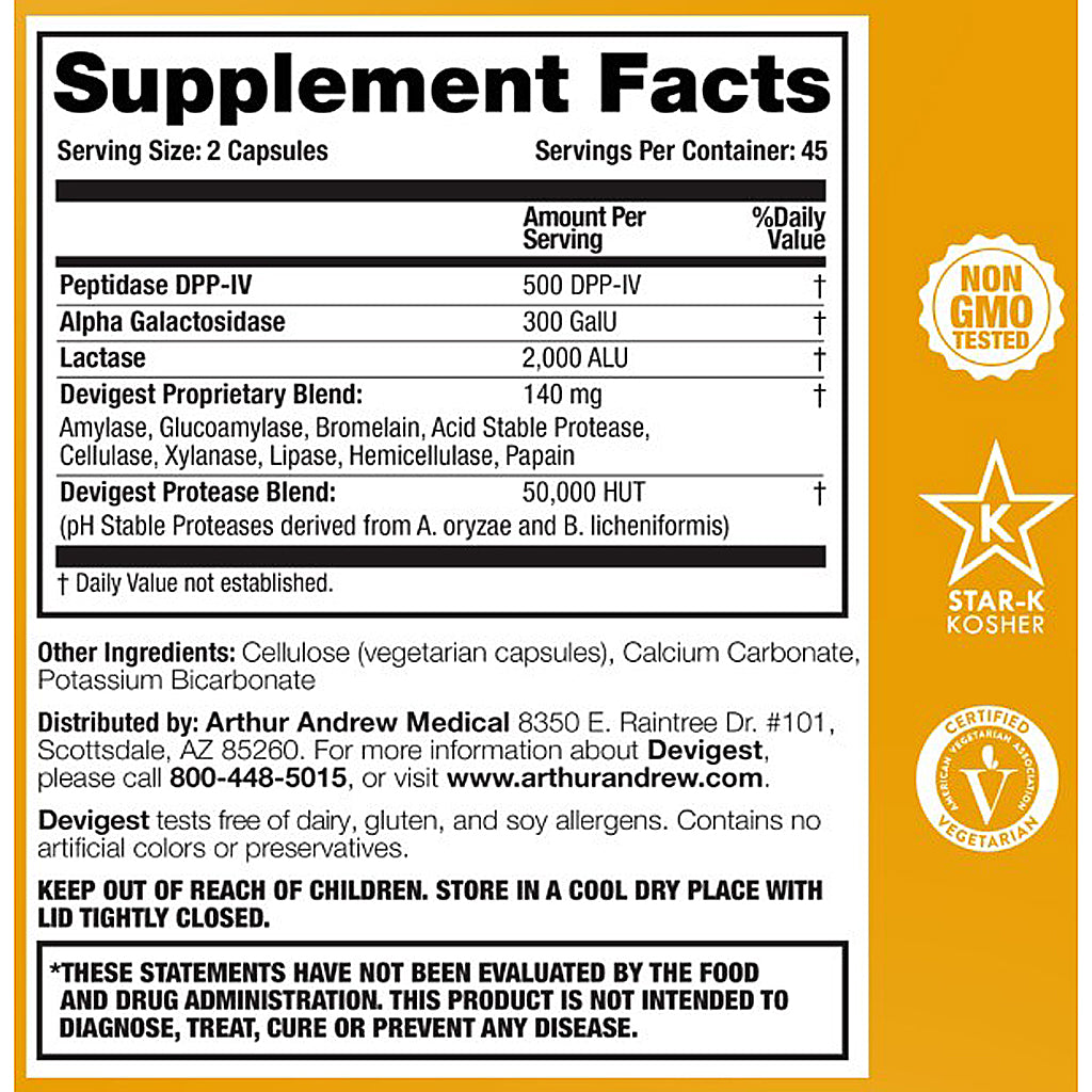 Supplement label with 'Star-K Kosher' and 'Devigest' branding on an orange background