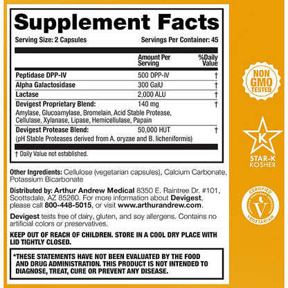 Supplement label with 'Star-K Kosher' and 'Devigest' branding on an orange background
