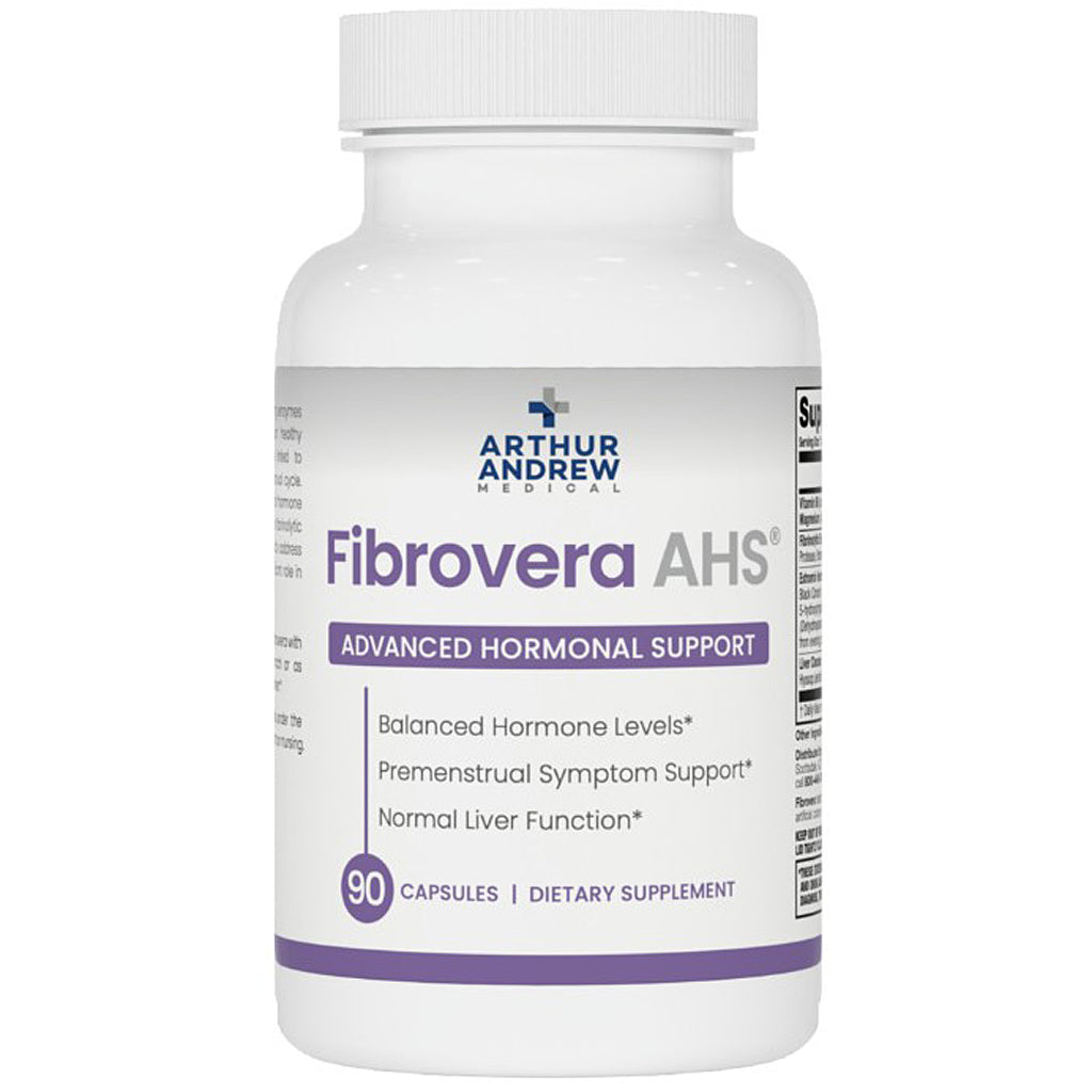 Supplement bottle labeled 'Fibrovera AHS' by Arthur Andrew Medical on a white background