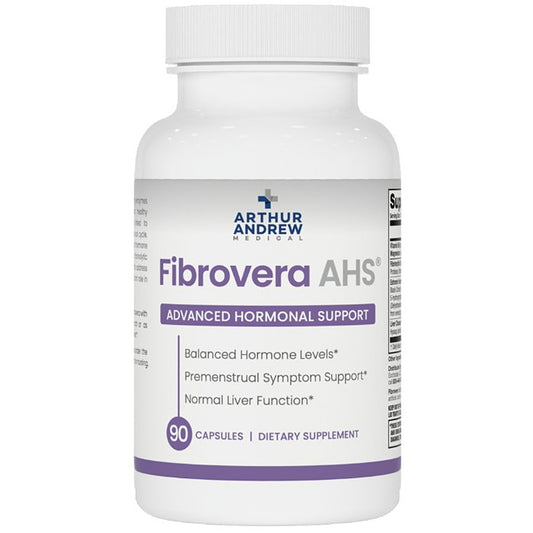 Supplement bottle labeled 'Fibrovera AHS' by Arthur Andrew Medical on a white background