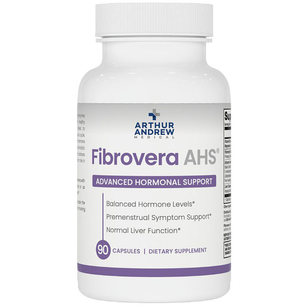 Supplement bottle labeled 'Fibrovera AHS' by Arthur Andrew Medical on a white background