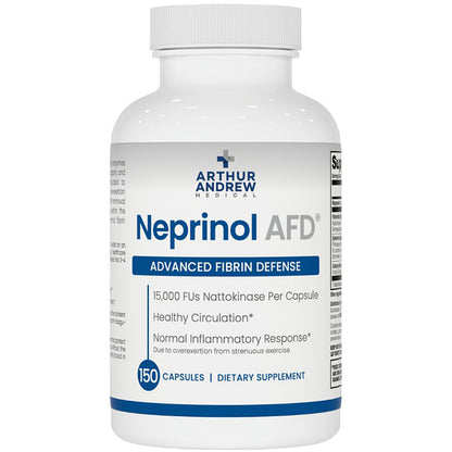 Supplement bottle labeled 'Neprinol AFD' by Arthur Andrew Medical on a white background