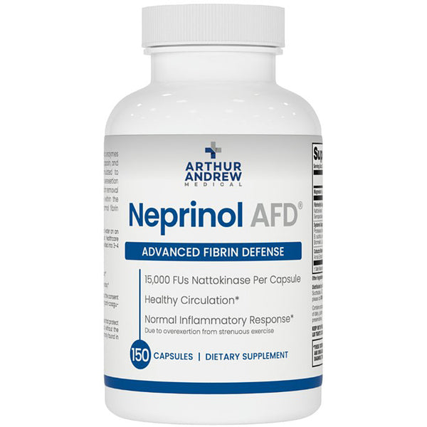 Supplement bottle labeled 'Neprinol AFD' by Arthur Andrew Medical on a white background