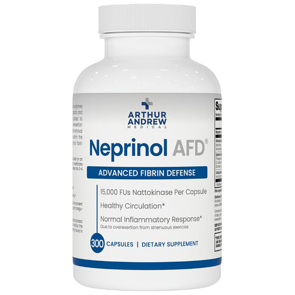Supplement bottle labeled 'Neprinol AFD' by Arthur Andrew Medical on a white background
