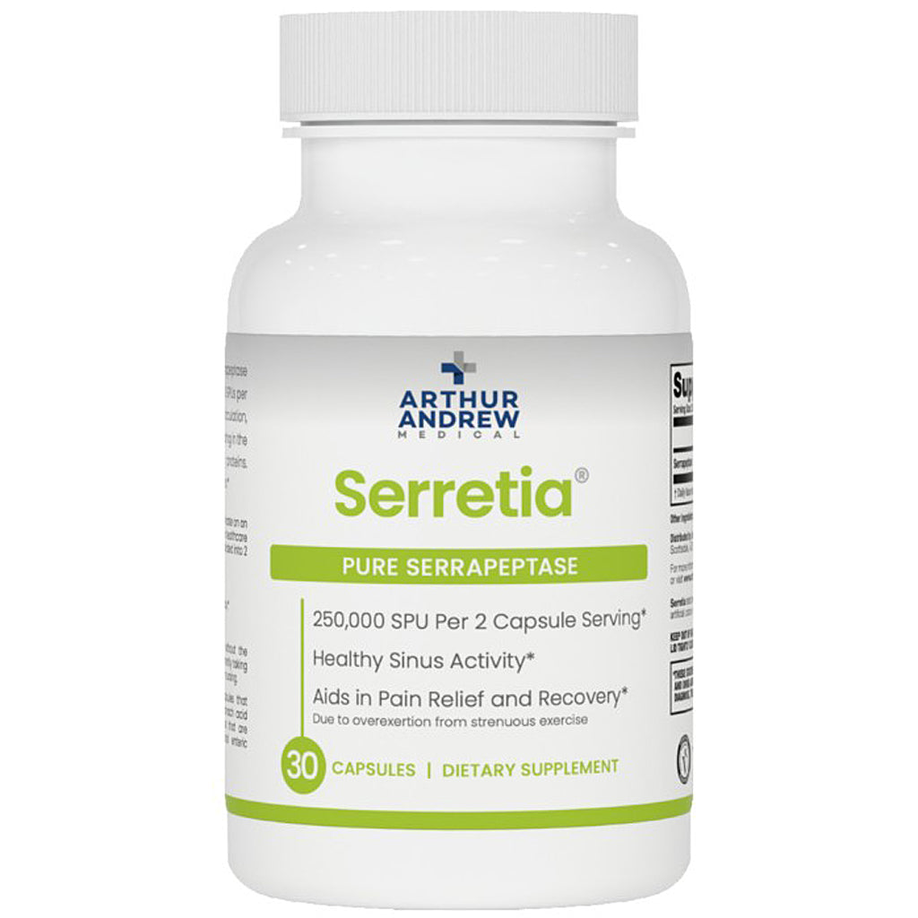 Supplement bottle labeled 'Serretia' by Arthur Andrew Medical on a white background