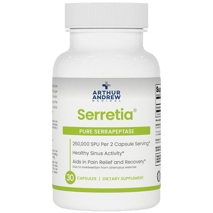 Supplement bottle labeled 'Serretia' by Arthur Andrew Medical on a white background