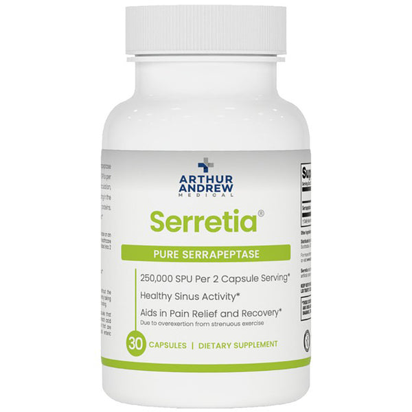 Supplement bottle labeled 'Serretia' by Arthur Andrew Medical on a white background