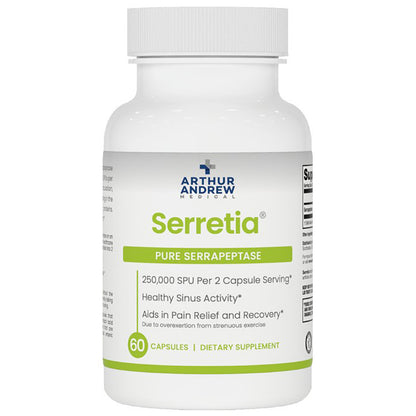 Supplement bottle labeled 'Serretia' by Arthur Andrew Medical on a white background