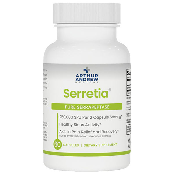 Supplement bottle labeled 'Serretia' by Arthur Andrew Medical on a white background